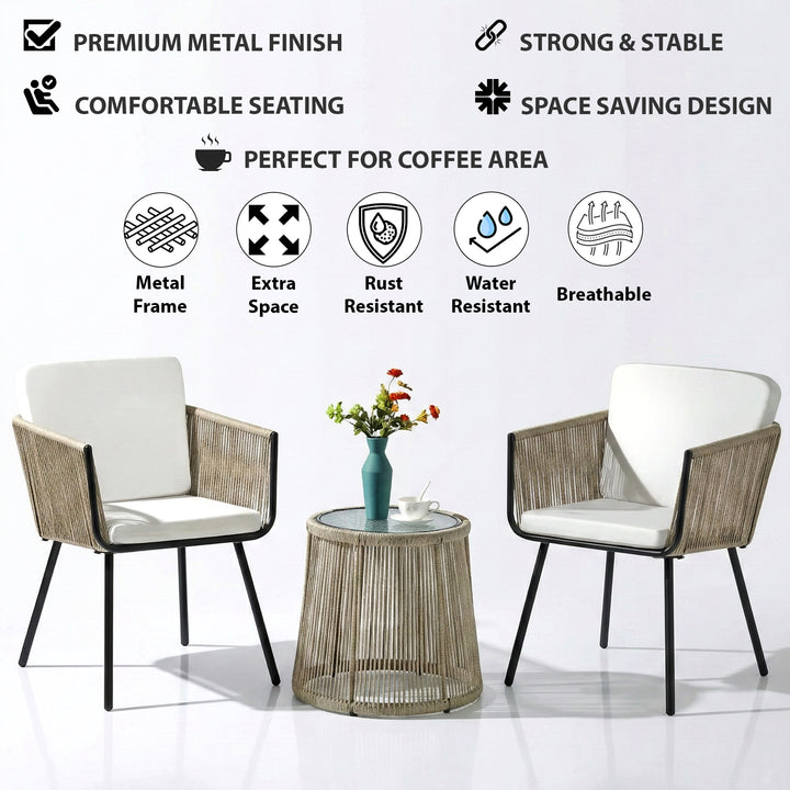 Rapid Outdoor Patio Seating Set 2 Chairs and 1 Table Set (Cream) Braided & Rope