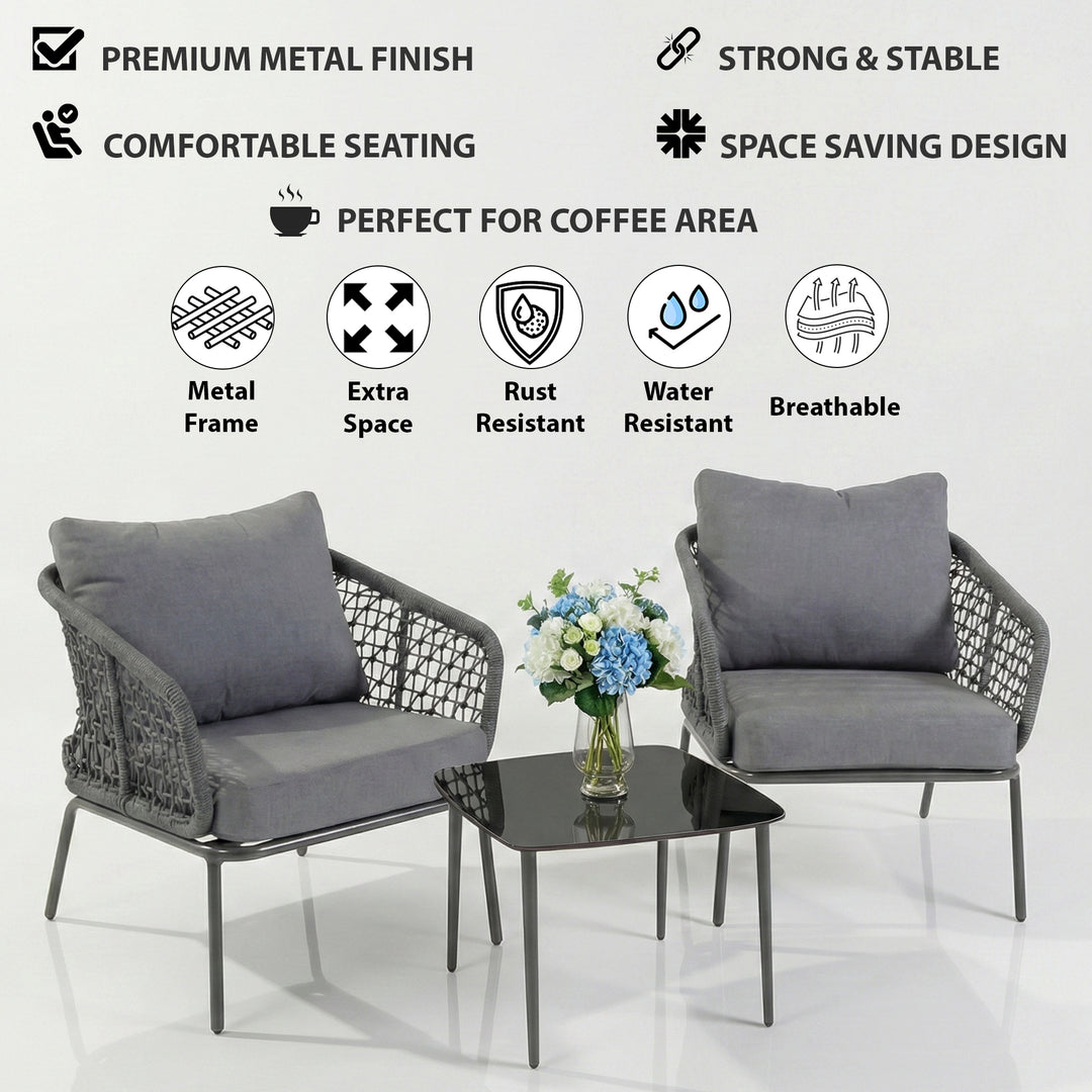 Filix Outdoor Patio Seating Set 2 Chairs and 1 Table Set (Grey) Braided & Rope