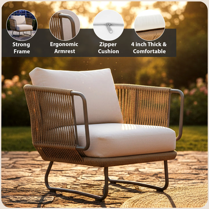 Elix Outdoor Sofa Set 2 Seater, 2 Single seater and 1 Center Table with ottoman (Beige) Braided & Rope