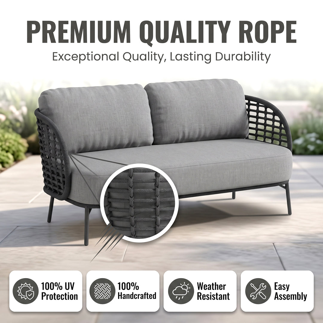 Locator Outdoor Sofa Set 2 Seater, 2 Single seater with ottoman and 1 Center Table Set (Dark Grey) Braided & Rope