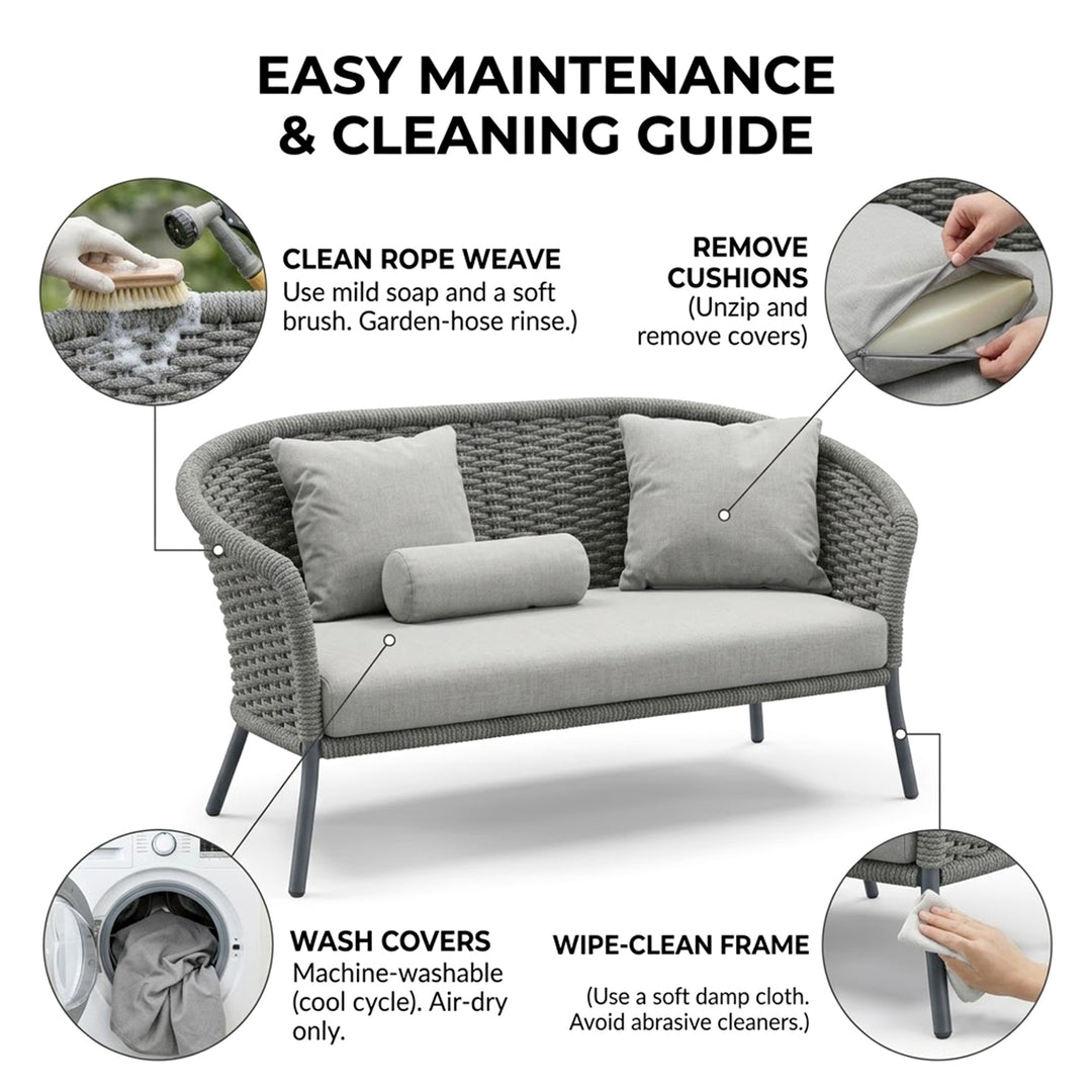 Eira Outdoor Garden Balcony Sofa Set 2 Seater , 2 Single Seater 1 Center Table Set (Black) Braided and Rope