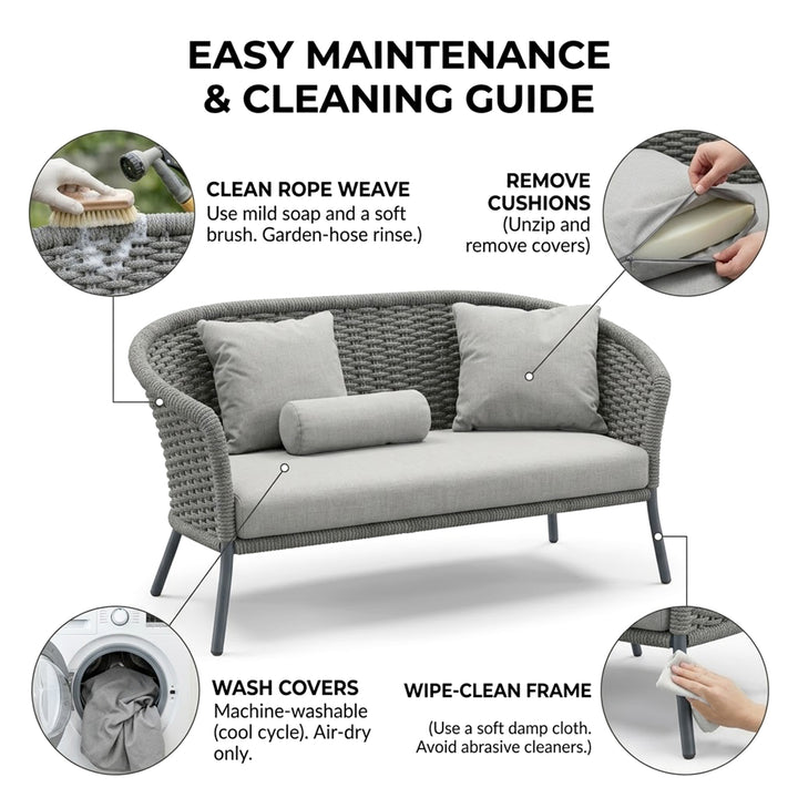Eira Outdoor Garden Balcony Sofa Set 2 Seater , 2 Single Seater 1 Center Table Set (Black) Braided and Rope