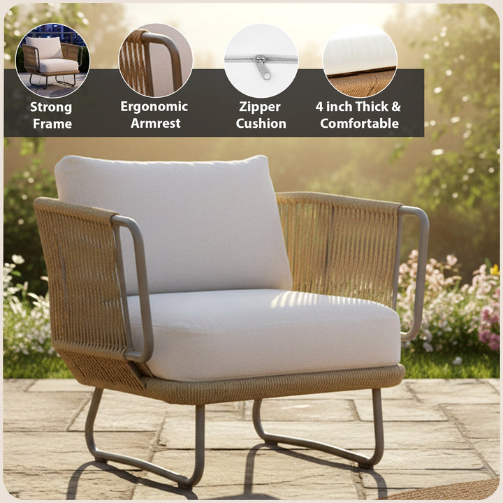 Kenly Outdoor Sofa Set 2 Seater, 2 Single seater and 1 Center Table with ottoman (Tan) Braided & Rope