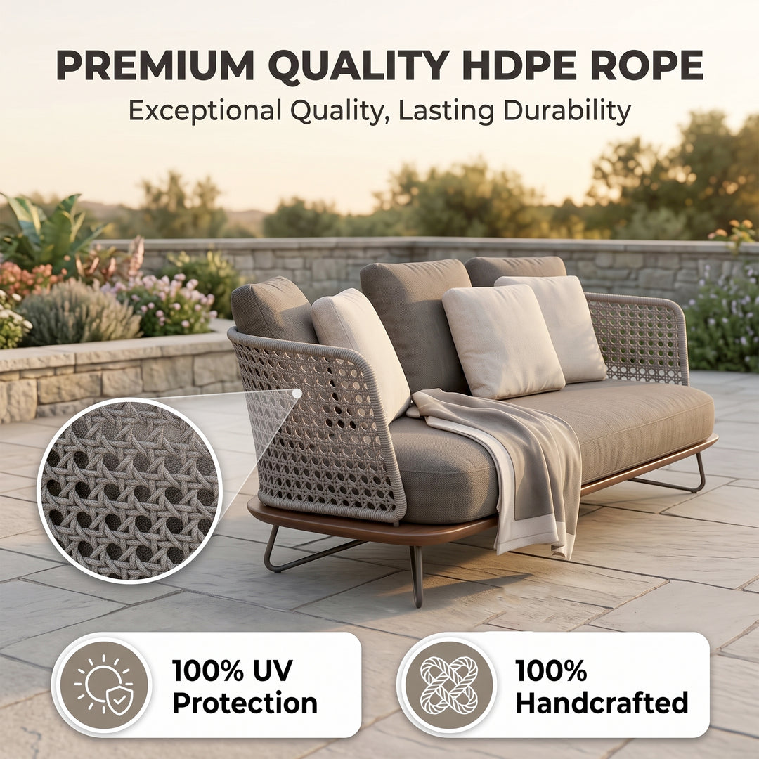 Alano Outdoor Garden Balcony Sofa Set 3 Seater, 2 Single Seater 1 Ottoman and 1 Center Table Set Braid & Rope (Grey)