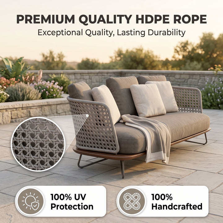 Alano Outdoor Garden Balcony Sofa Set 3 Seater, 2 Single Seater 1 Ottoman and 1 Center Table Set Braid & Rope (Grey)