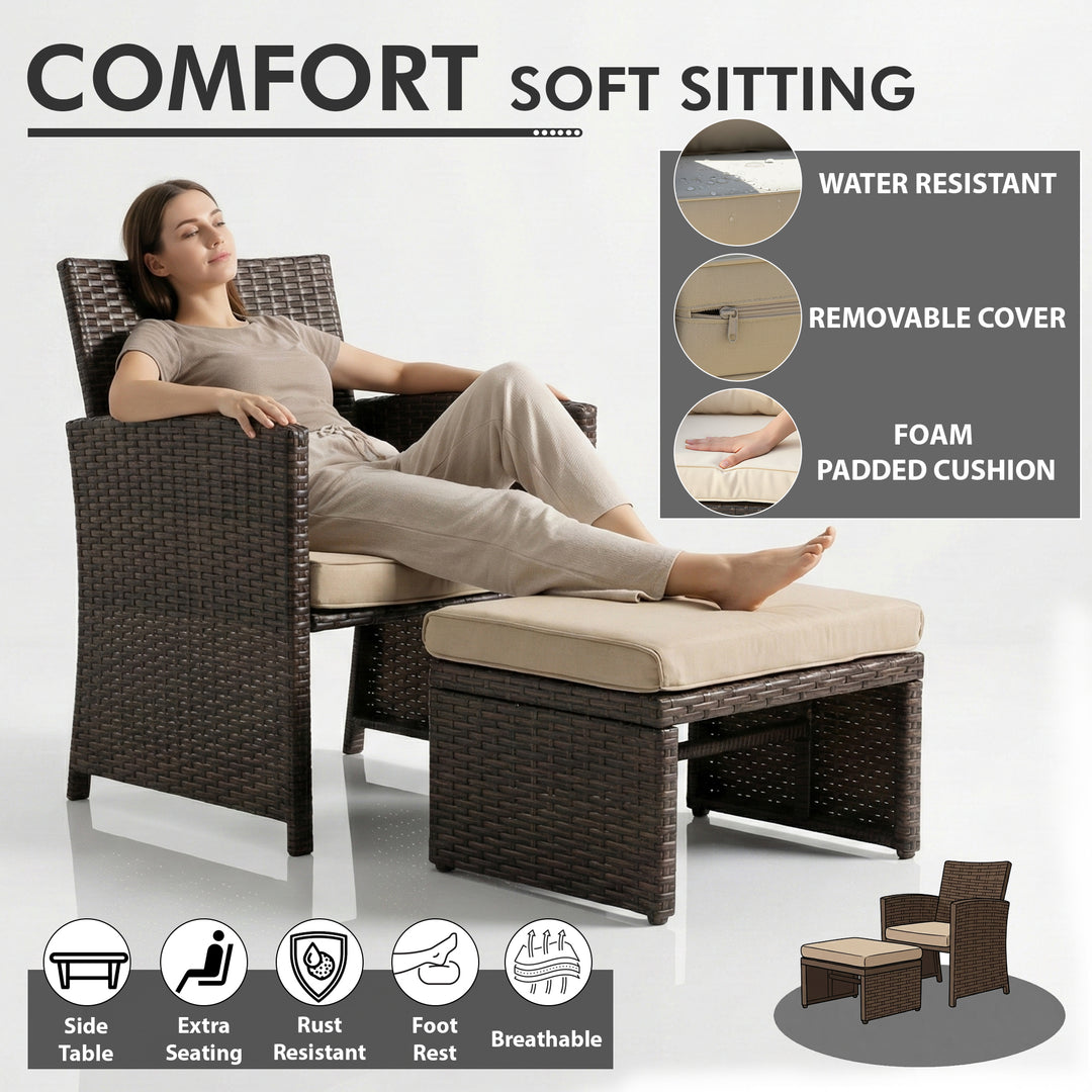Calabresi Outdoor Seating Set 2 Single seater, 2 Ottoman and 1 Center Table (Brown + Beige)