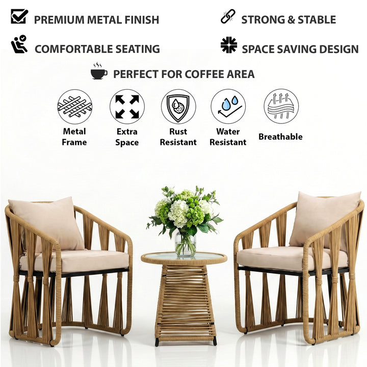 Varqo Outdoor Patio Seating Set 2 Chairs and 1 Table Set Braided & Rope