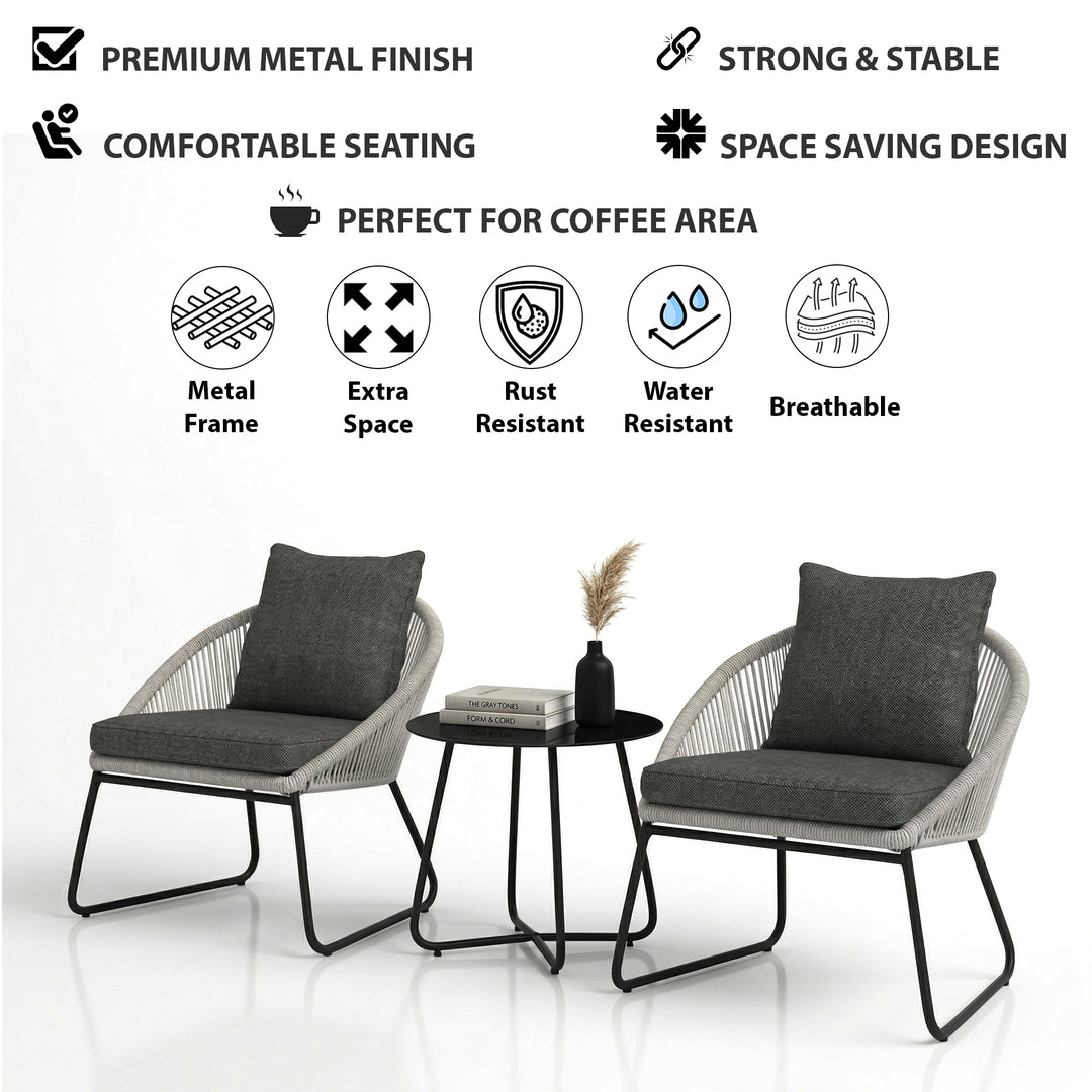 Neva Outdoor Patio Seating Set 2 Chairs and 1 Table Set (Grey) Braided & Rope