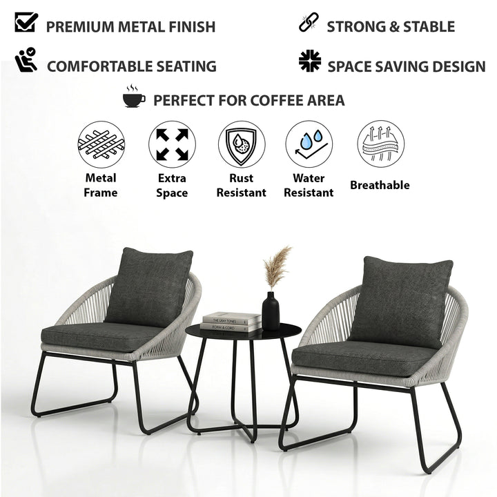 Neva Outdoor Patio Seating Set 2 Chairs and 1 Table Set (Grey) Braided & Rope