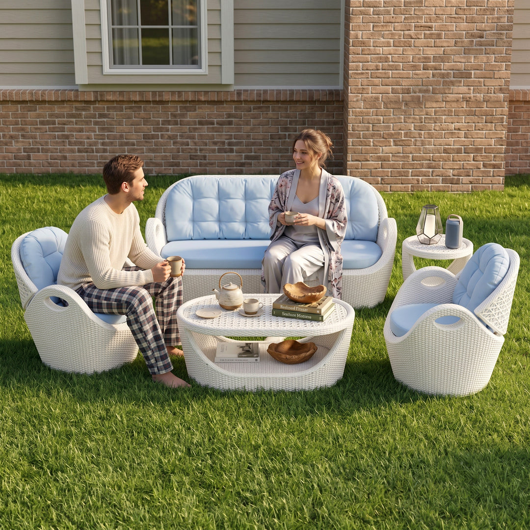 Alush Outdoor Sofa Set 3 Seater , 2 Single seater and 1 Center Table (White)