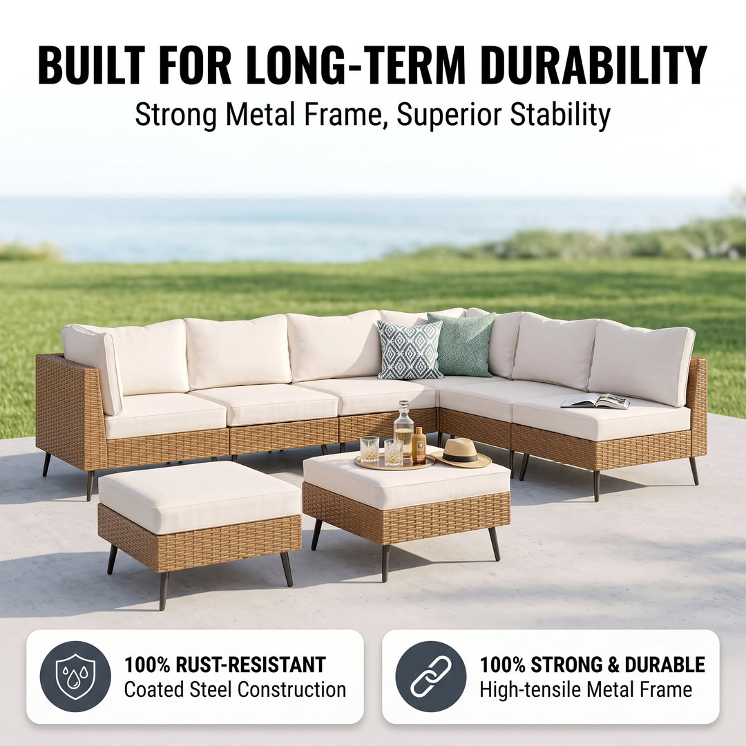 Ammar Outdoor Sofa Set 6 Seater and Single Seater with 2 Ottoman Set (Beige)
