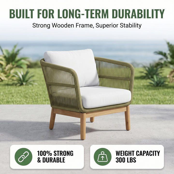 Gala Outdoor Garden Balcony Sofa Set 2 Seater , 2 Single Seater 1 Center Table Set (Cream) Teak Wood and Braided & Rope
