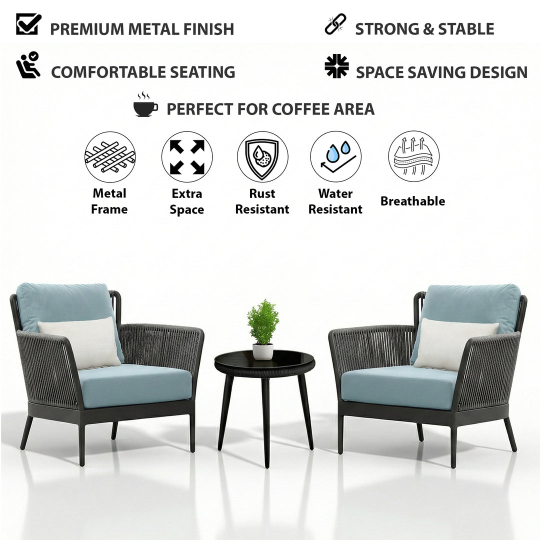 Conti Outdoor Patio Seating Set 2 Chairs and 1 Table Set (Grey) Braided & Rope