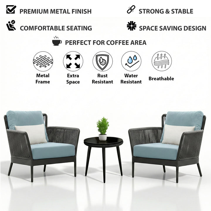 Conti Outdoor Patio Seating Set 2 Chairs and 1 Table Set (Grey) Braided & Rope