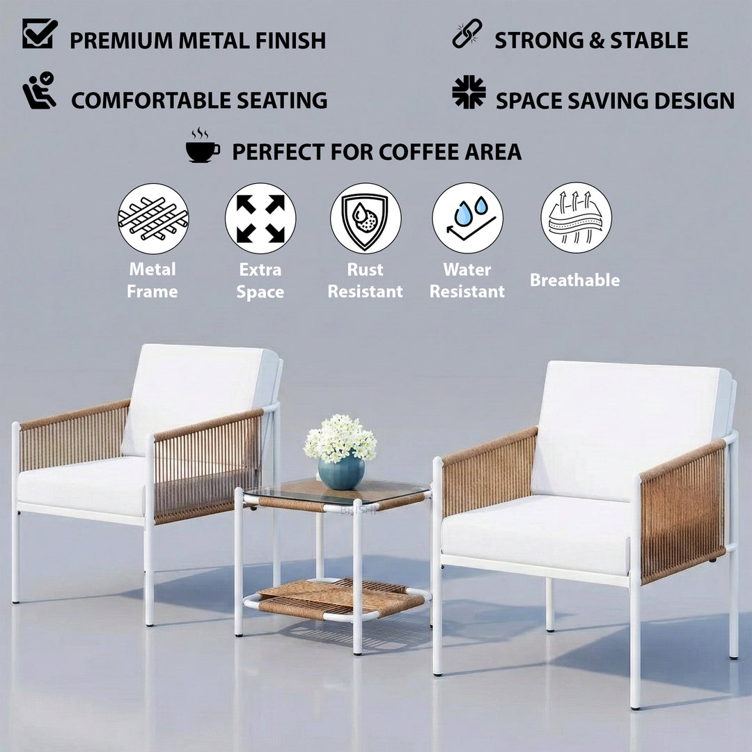 Oreva Outdoor Patio Seating Set 2 Chairs and 1 Table Set (Beige) Braided & Rope