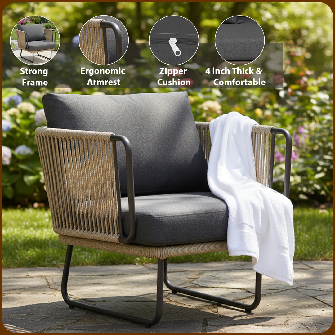 Belle Outdoor Garden Balcony Sofa Set 2 Seater , 2 Single Seater 1 Center Table Set (Dark Grey) Braided and Rope