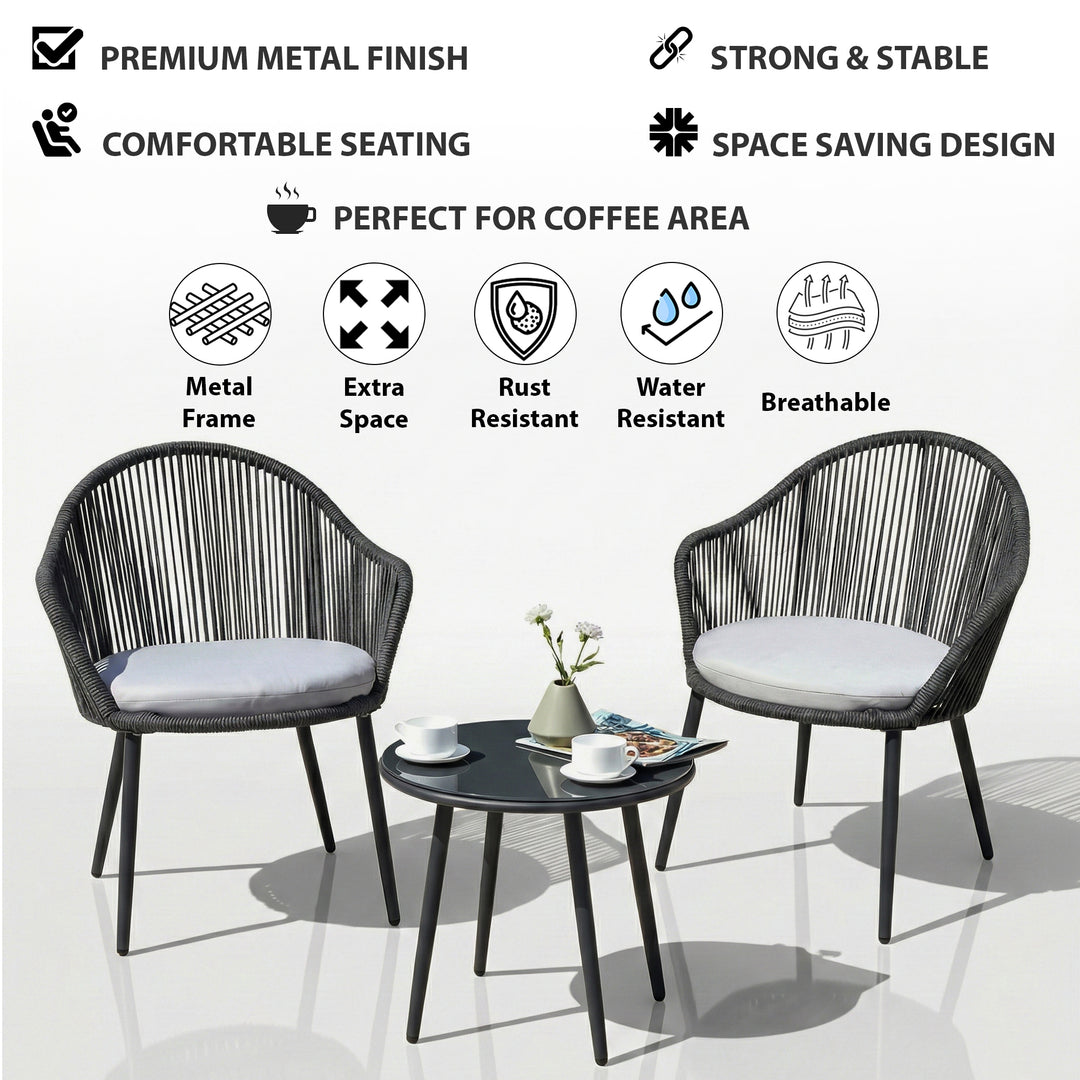 Conti Outdoor Patio Seating Set 2 Chairs and 1 Table Set (Grey) Braided & Rope
