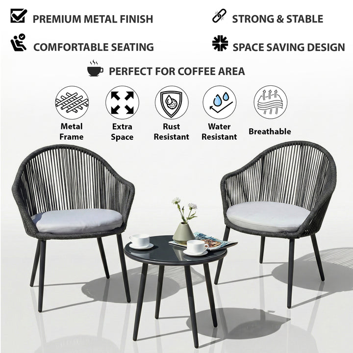 Conti Outdoor Patio Seating Set 2 Chairs and 1 Table Set (Grey) Braided & Rope