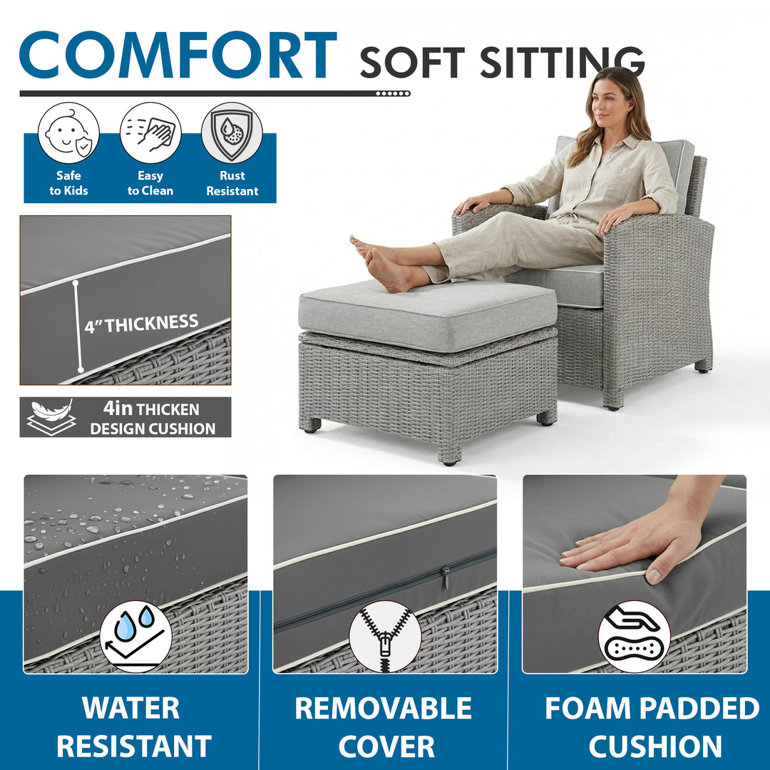 Bien Outdoor Garden Balcony Sofa Set 3 Seater, 2 Single seater, 2 Ottoman and 1 Center Table Conversation Set (Grey)