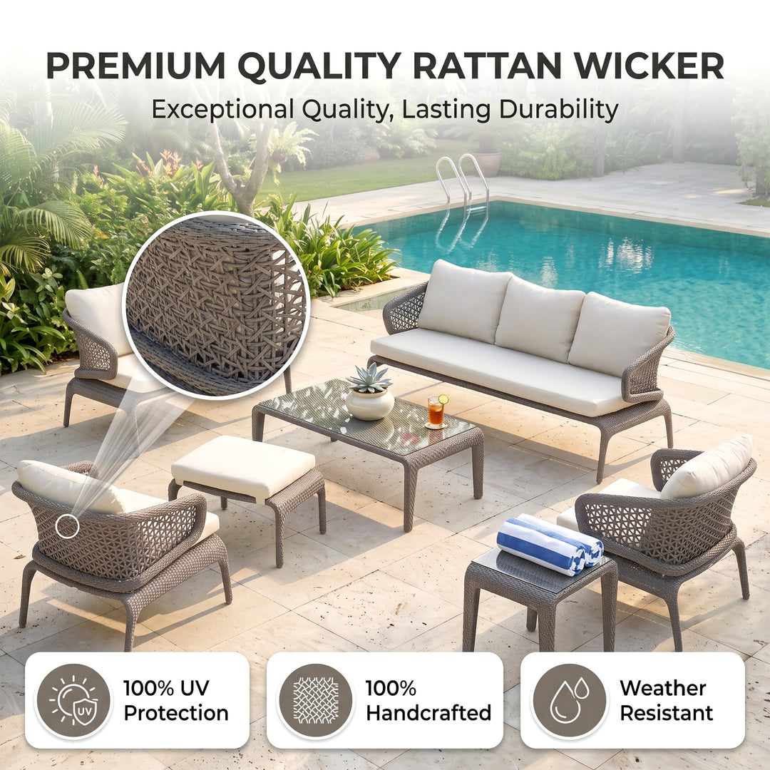 Bart Outdoor Garden Balcony Sofa Set  3 Seater , 2 Seater ,2 Single Seater and 1 Center Table With 1 Side Table and 1 Ottoman Set (Grey)