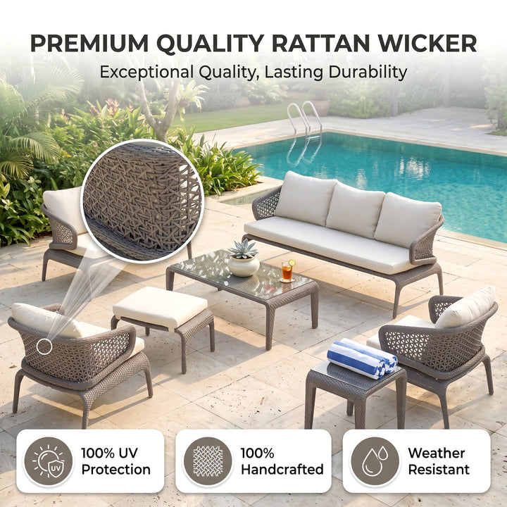 Bart Outdoor Garden Balcony Sofa Set  3 Seater , 2 Seater ,2 Single Seater and 1 Center Table With 1 Side Table and 1 Ottoman Set (Grey)
