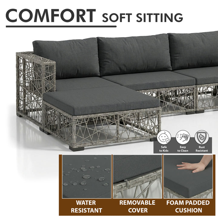 Myca Outdoor Garden Balcony Sofa Set 6 Seater with 1 Ottoman and 1 Center Table Set (Grey)