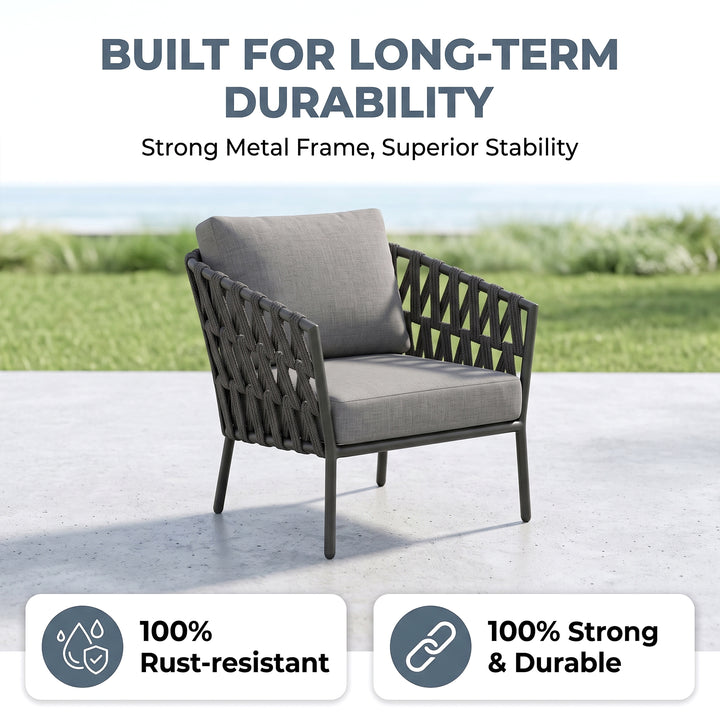 Magnus Outdoor Sofa Set 5 Seater, 1 Single seater and 2 Center Table Set (Dark Grey) Braided & Rope