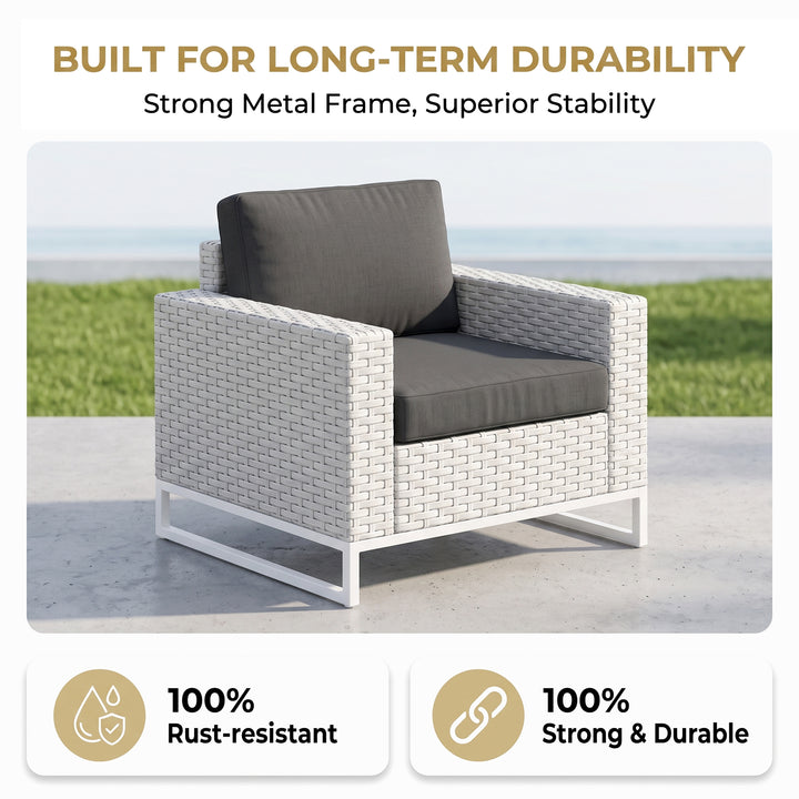 Angerona Outdoor Sofa Set 7 Seater, 2 Single seater and 1 Center Table, 1 Side Table With 2 Ottoman Set (White)