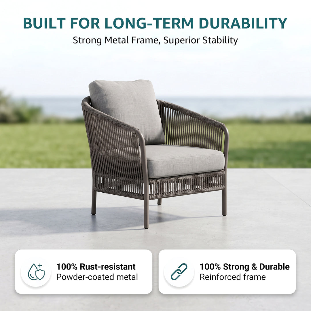 Madaki Outdoor Garden Balcony Sofa Set 3 Seater , 2 Single Seater and 1 Center Table & 1 Side Table Set, Braid & Rope (Grey)