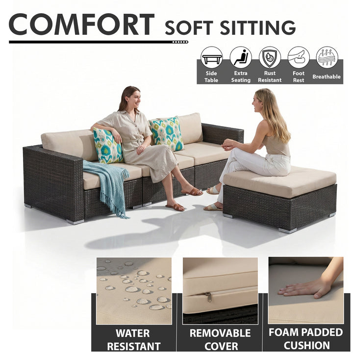 Mimi Outdoor Garden Balcony Sofa Set  3 Seater , 2 Seater ,2 Single Seater and 1 Center Table With 1 Side Table and 1 Ottoman Set (Brown)