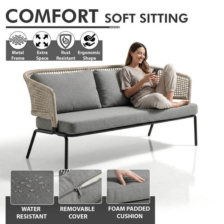Perola Outdoor Garden Balcony Sofa Set 2 Seater , 2 Single Seater 1 Center Table Set (Grey) Braided and Rope