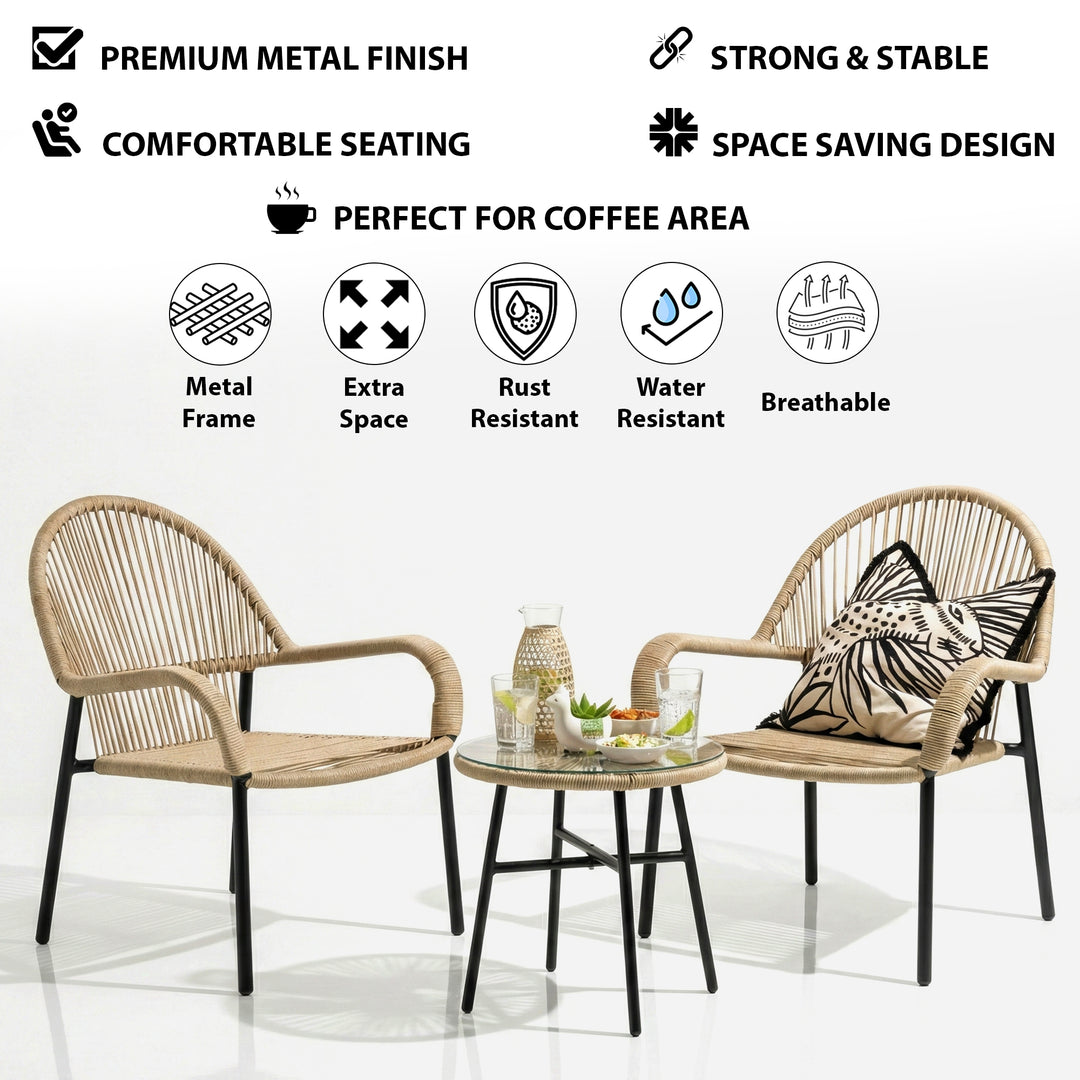 Kivas Outdoor Patio Seating Set 2 Chairs and 1 Table Set (Beige) Braided & Rope