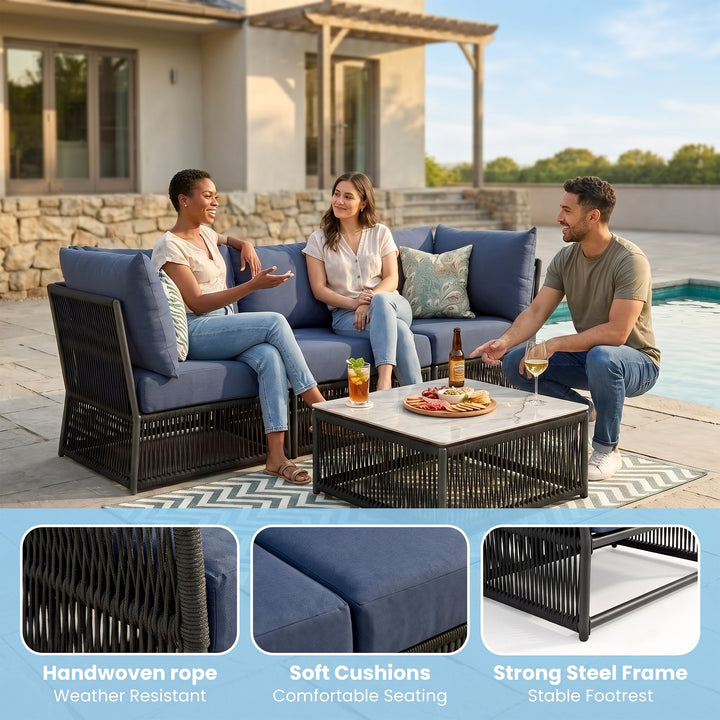 Adán Outdoor Sofa Set 3 Seater and 1 Center Table Set Braided & Rope