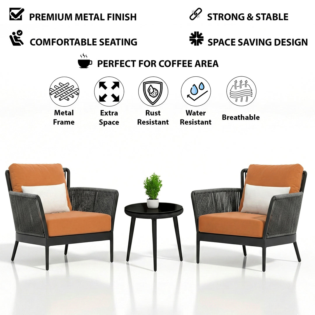 Tito Outdoor Patio Seating Set 2 Chairs and 1 Table Set (Grey) Braided & Rope