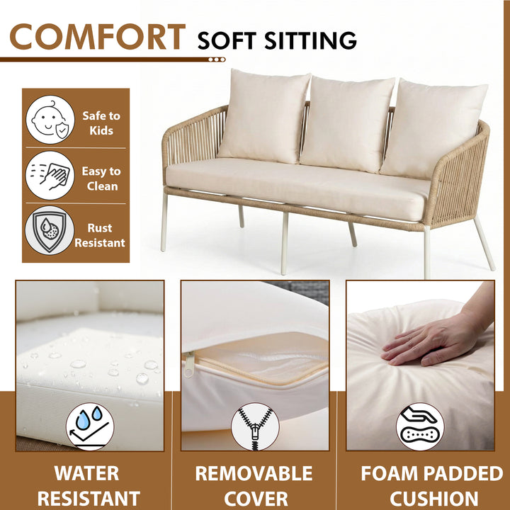 Rumi Outdoor Garden Balcony Sofa Set 3 Seater , 2 Single Seater 1 Center Table Set (White) Braided and Rope