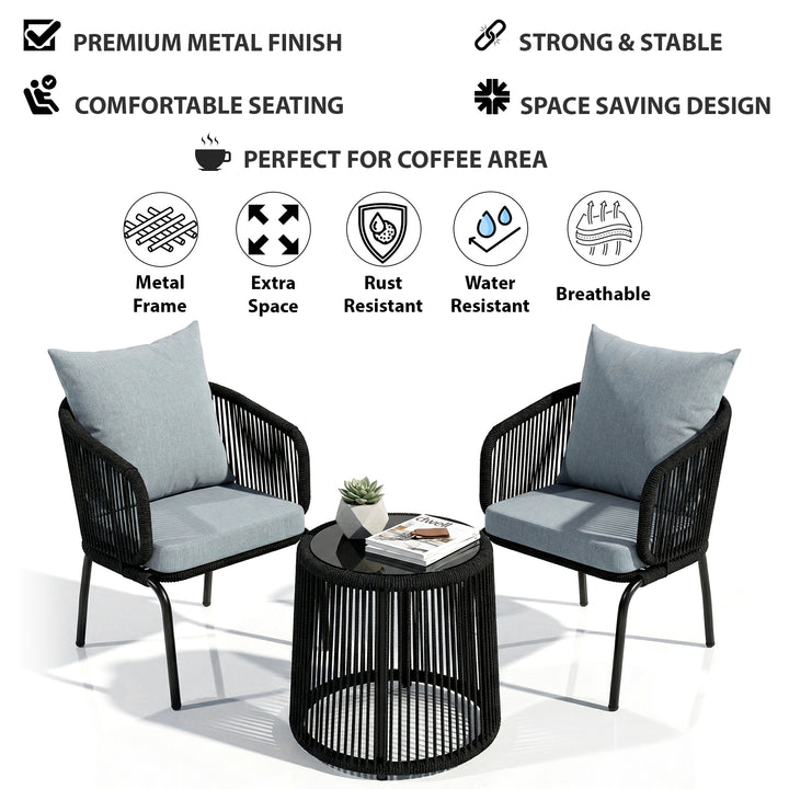 Luigi Outdoor Patio Seating Set 2 Chairs and 1 Table Set (Black) Braided & Rope