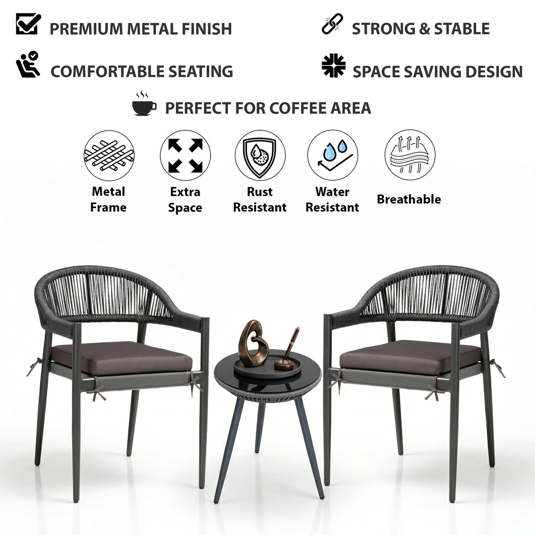 Brila Outdoor Patio Seating Set 2 Chairs and 1 Table Set (Black) Braided & Rope