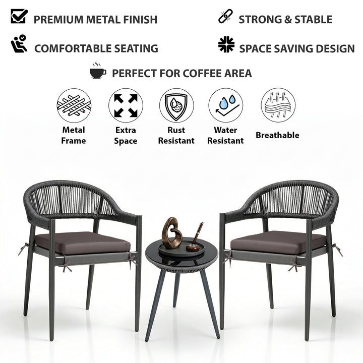 Brila Outdoor Patio Seating Set 2 Chairs and 1 Table Set (Black) Braided & Rope