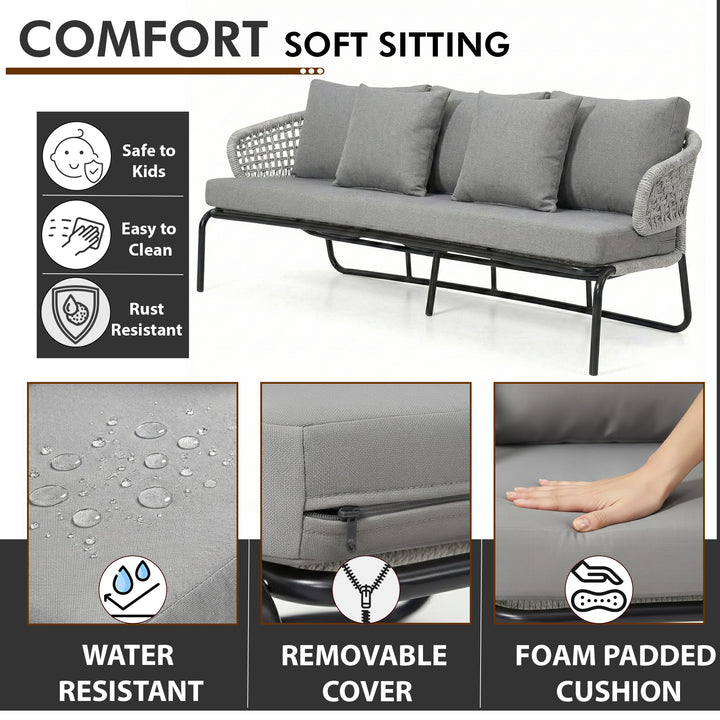 Velory Outdoor Sofa Set 3 Seater , 2 Single seater and 1 Center Table Set (Grey) Braided & Rope