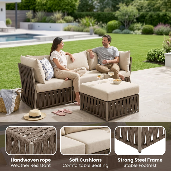 Adán Outdoor Sofa Set 3 Seater and 1 Center Table Set Braided & Rope