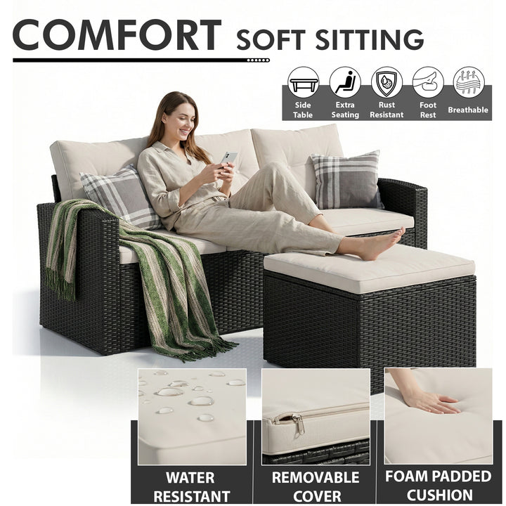 Vibo Outdoor Garden Balcony Sofa Set 3 Seater, 2 Single seater, 2 Ottoman and 1 Center Table Conversation Set (Black)