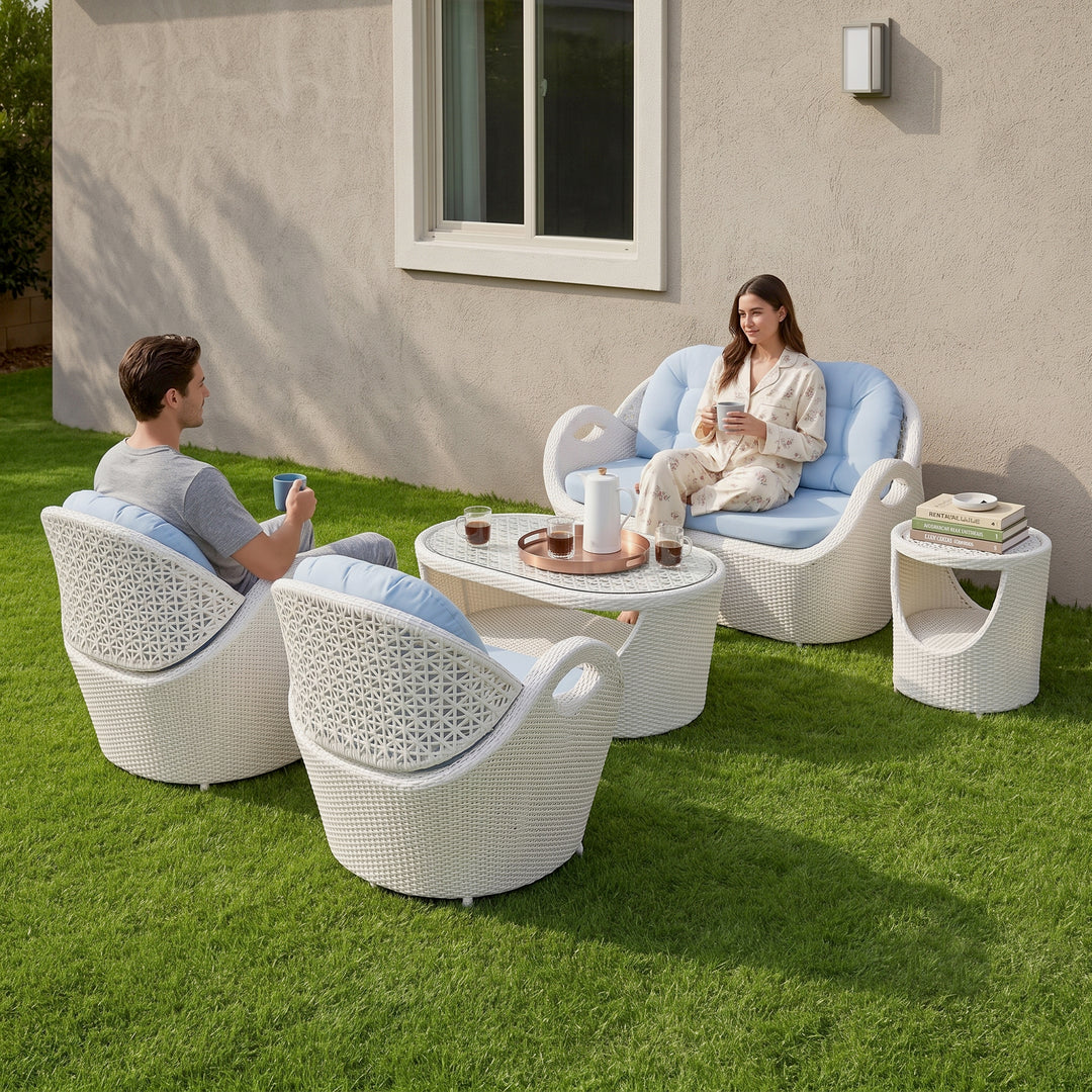 Arana Outdoor Sofa Set 2 Seater, 2 Single seater, 1 Side table and 1 Center Table (White)