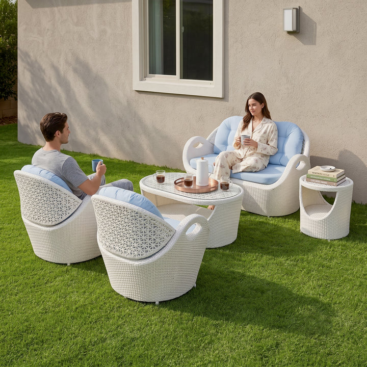 Arana Outdoor Sofa Set 2 Seater, 2 Single seater, 1 Side table and 1 Center Table (White)