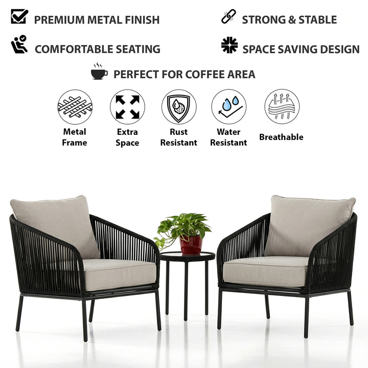 Alwin Outdoor Patio Seating Set 2 Chairs and 1 Table Set (Black) Braided And Rope