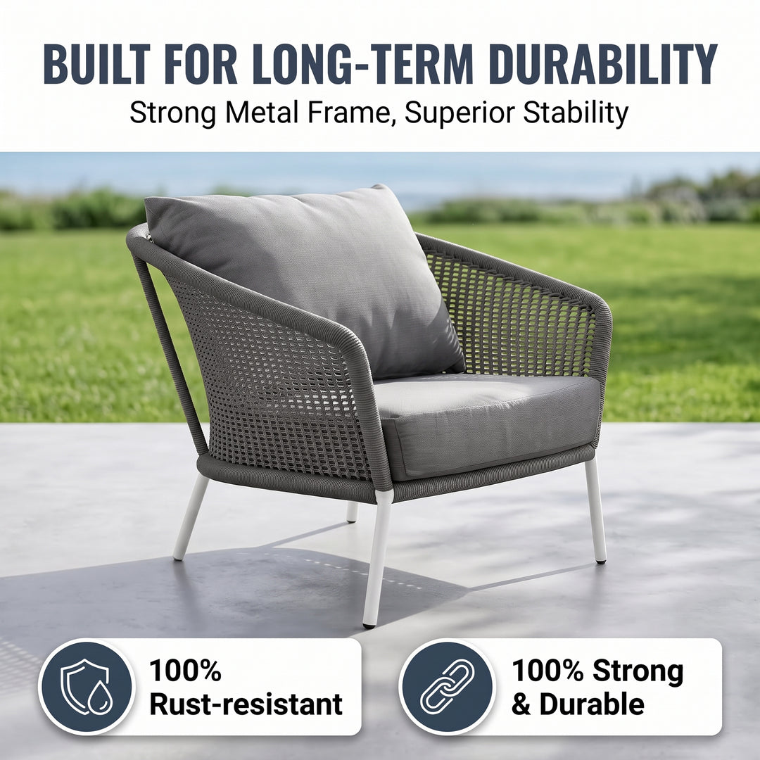 Aid Outdoor Patio Seating Set Single Chair and 1 Side Table Set (Grey) Braided & Rope