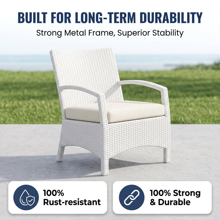 Hudson Outdoor Garden Balcony Sofa Set 3 Seater, 2 Seater With 2 Single Seater and 1 Center Table With 1 Side Table Set (White)