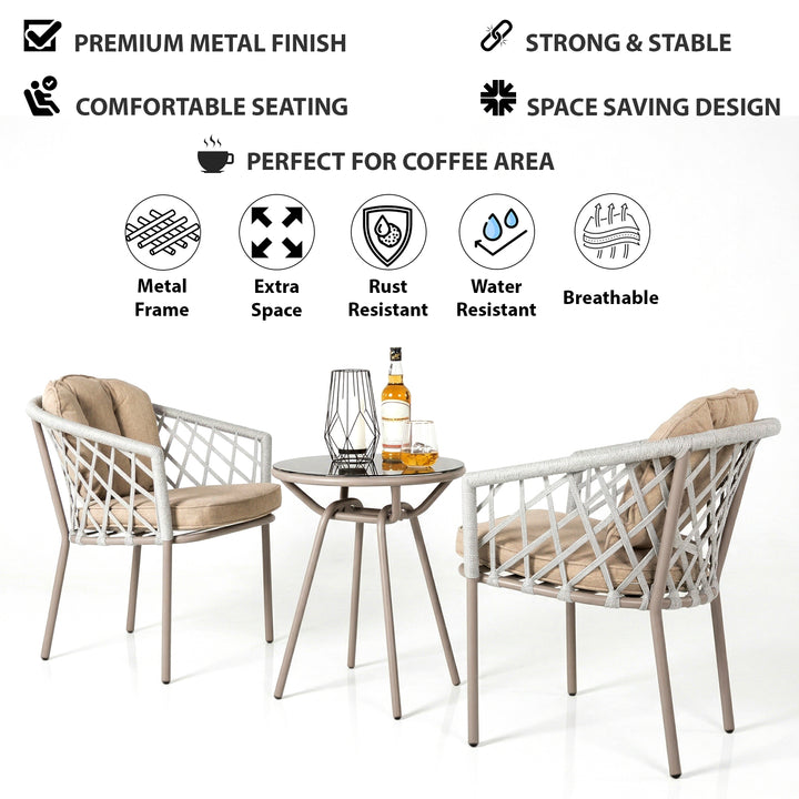 Surfer Outdoor Patio Seating Set 2 Chairs and 1 Table Set (Grey) Braided & Rope