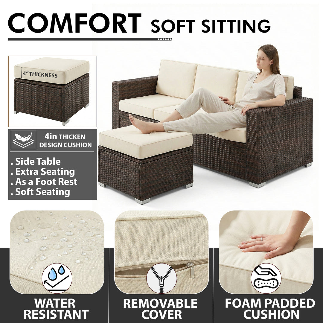 Jovis Outdoor Garden Balcony Sofa Set 3 Seater, 2 Single seater With 1 Ottoman and 1 Center Table Set (Brown)