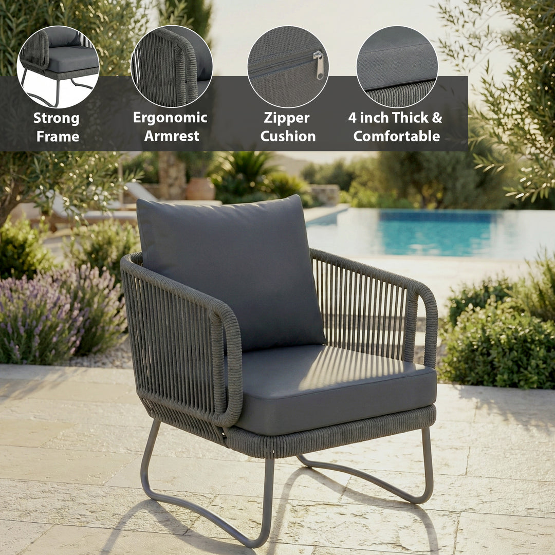 Castolo Outdoor Garden Balcony Sofa Set 3 Seater, 2 Single Seater 1 Ottoman and 1 Center Table Set Braid & Rope (Grey)