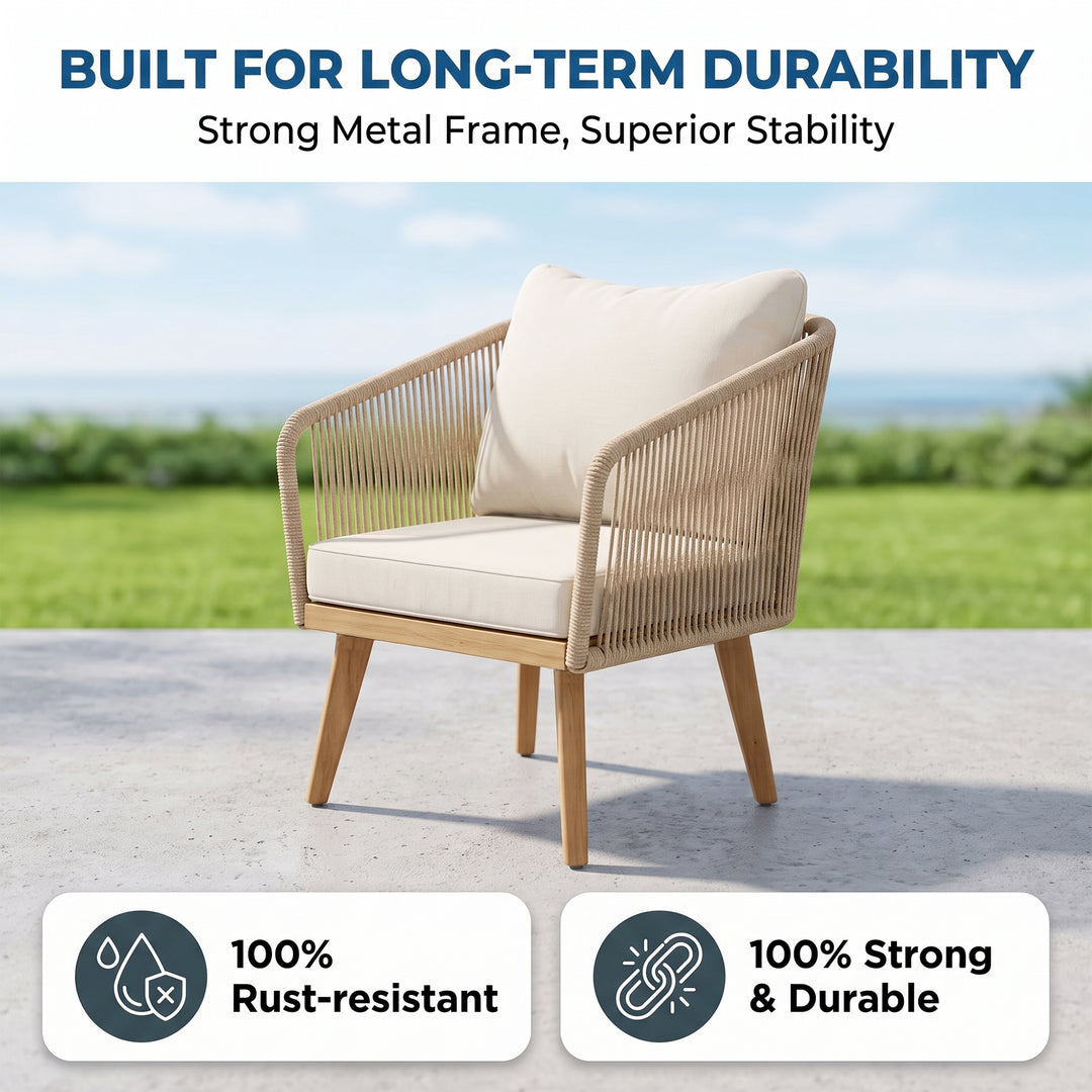Eolia Outdoor Garden Balcony Sofa Set 2 Seater , 2 Single Seater 1 Center Table Set (Cream) Teak Wood and Braided & Rope